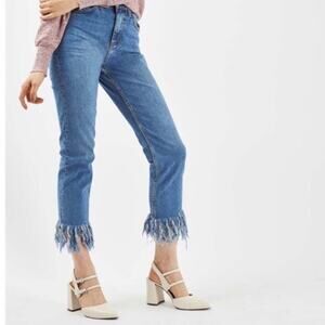 Topshop Fringe Fray Hem Cropped Jeans High Waist Rise Festival Boho Size 28